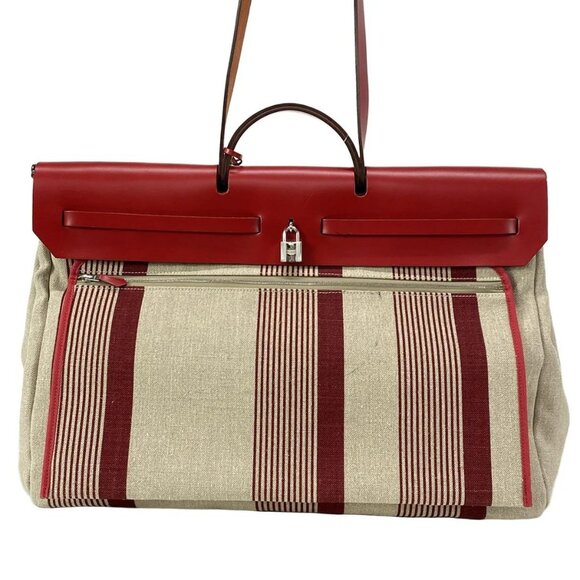 Auth HERMES Herbag Zip Cabin Bag - Beige Red Toile De Camp Vache Hunter D - Picture 2 of 16